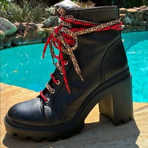 Black leather Lace-Up Platform Ankle Boots with Red & Leopard Laces 11m